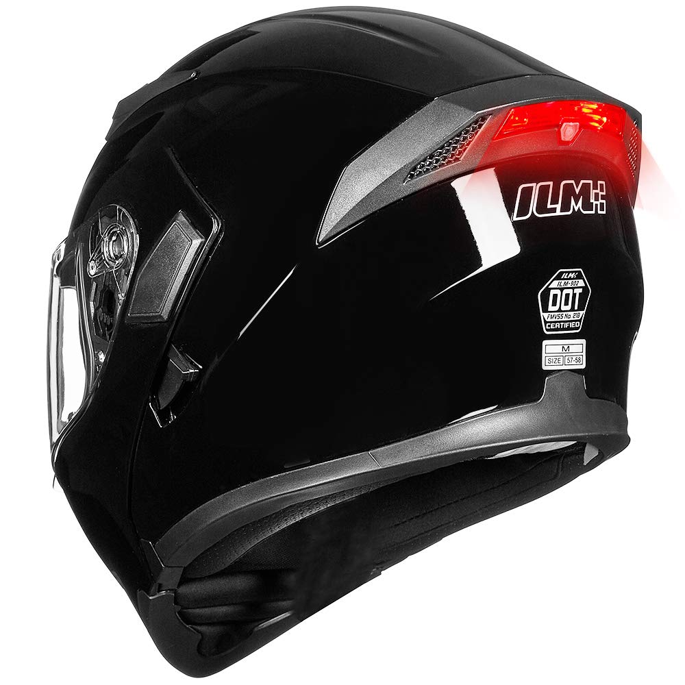 Ilm Motorcycle Dual Visor Flip Up Modular Full Face Helmet Dot Led Light Model 902L (M, Gloss Black - Led)