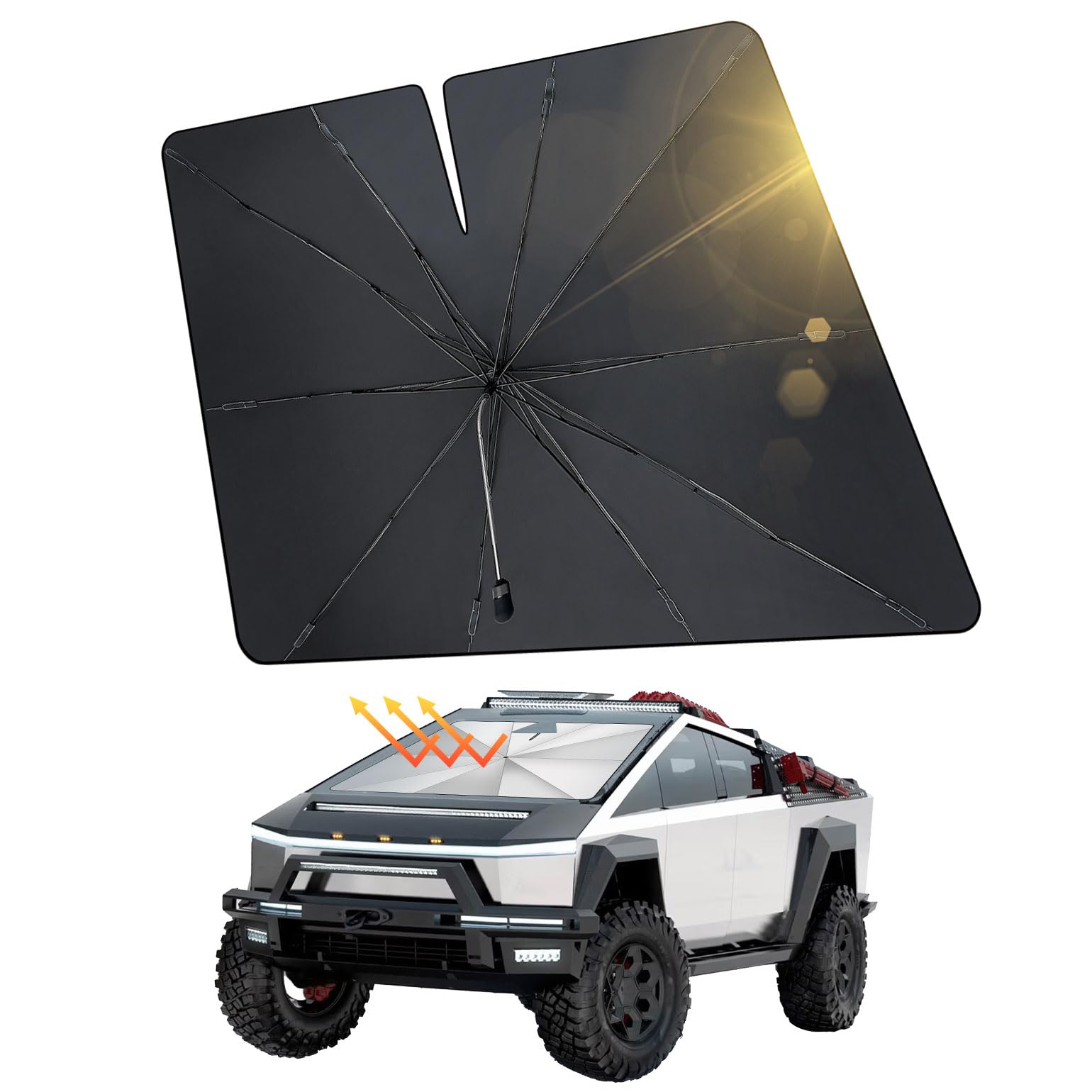 JOYTUTUS Windshield Sunshade Umbrella for Tesla Cybertruck, Automotive Interior Sun Protection Cover, Titanium Silver UV Block C