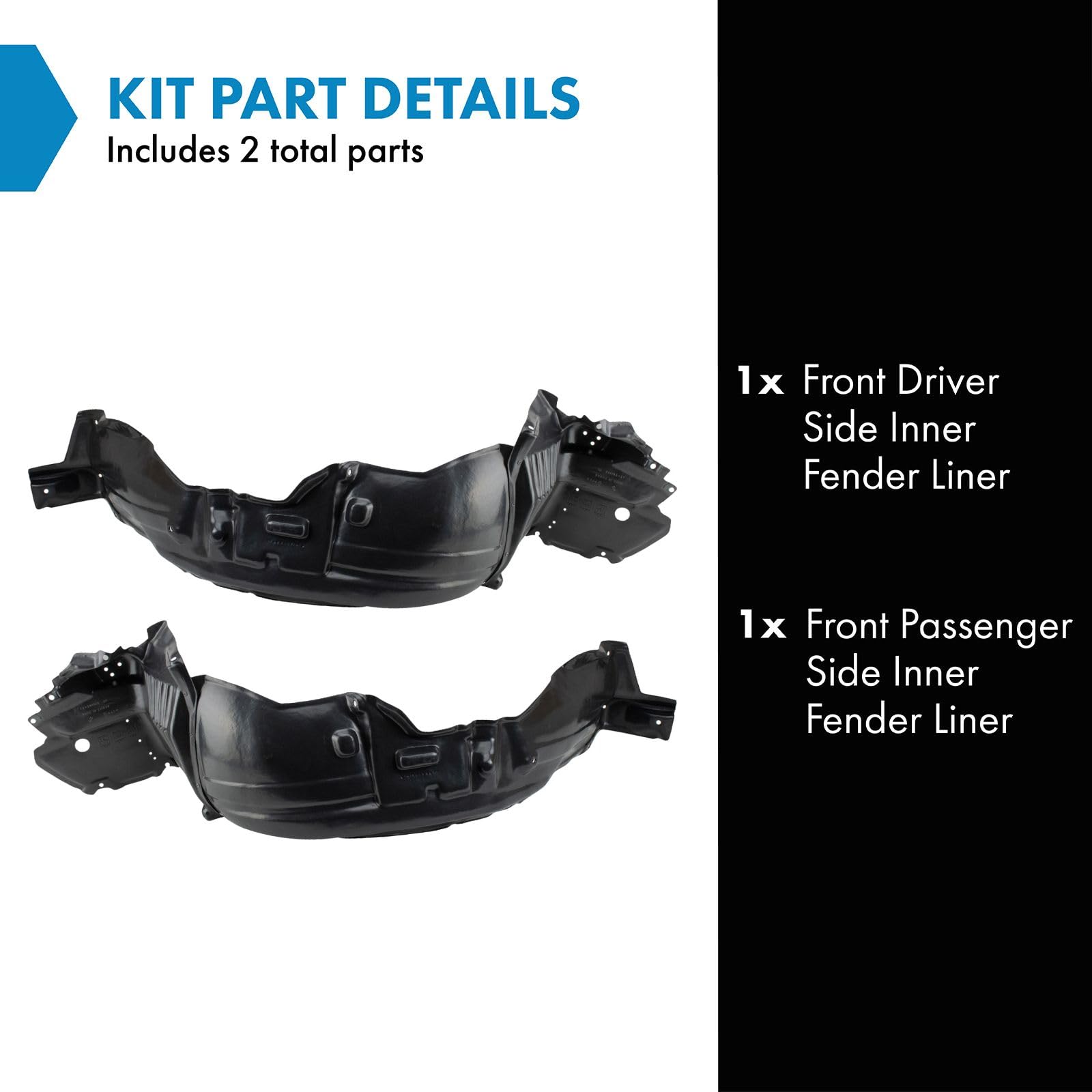 TRQ Front Inner Fender Liner Set for Lexus GS300/GS400/GS430, Black, Plastic, Model BDA07061, 1998-2005