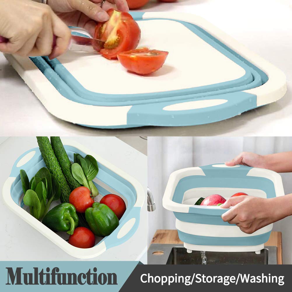 ROTTOGOON Collapsible Cutting Board - Foldable Chopping Board with Colander, Light Blue Silicone Dish Tub for BBQ, Picnic, Camping