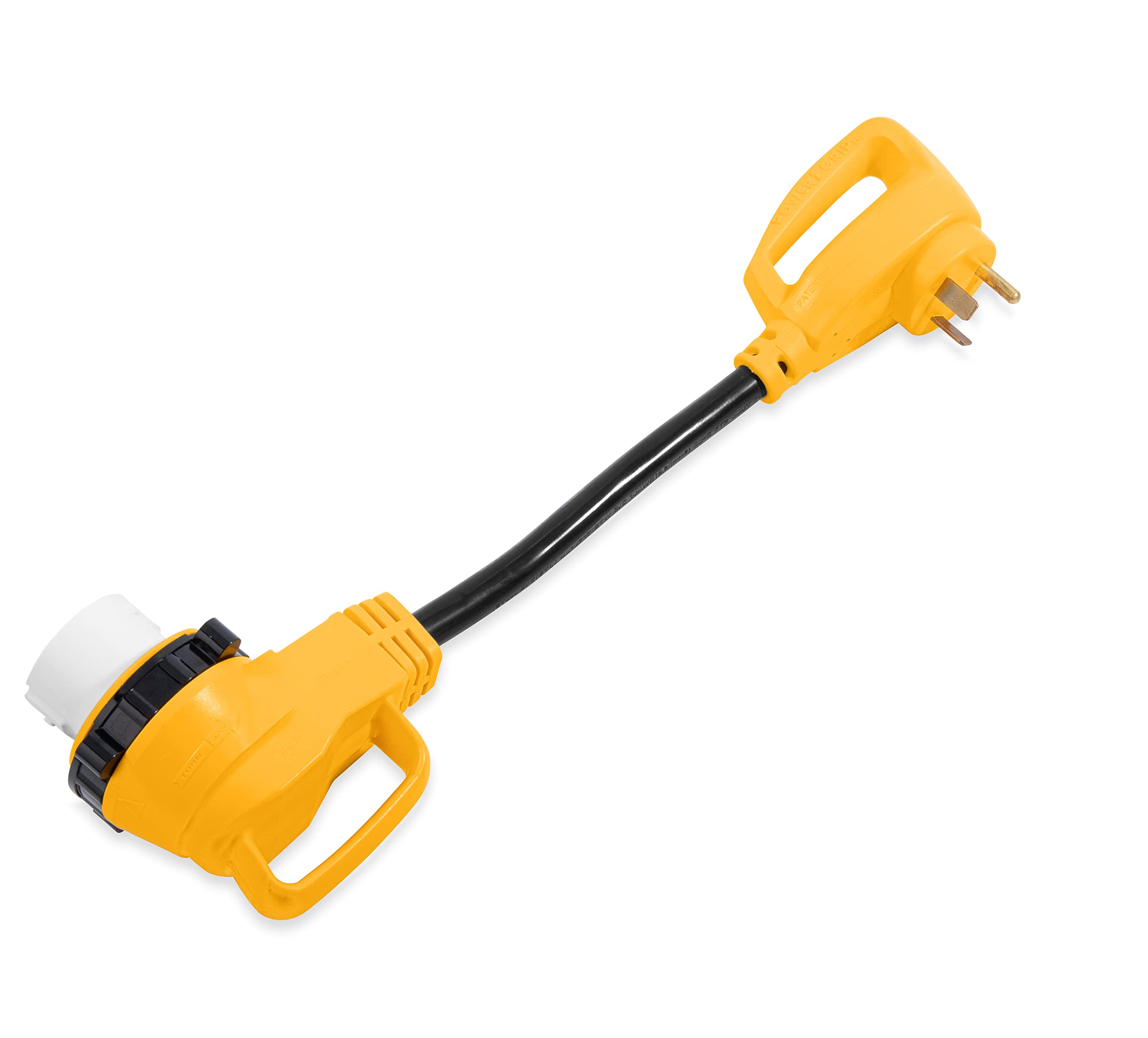 Camco Power Grip 18'' Locking Dogbone Adapter | 30Am/50Af 90-Degree Locking (21054)