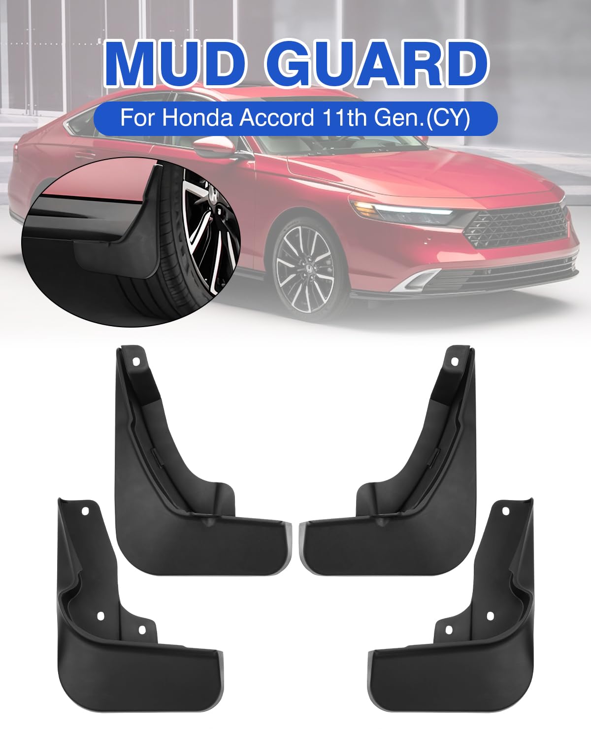 Autorder Mud Flaps for 2023-2025 Honda Accord, Black Plastic, Front & Rear Fender Flares, Model QCYPTNB105, 4-Piece Set