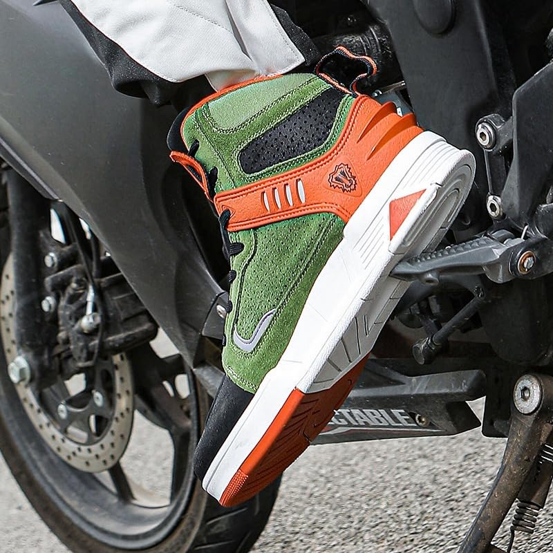 Bofucn Motorcycle Leather Boots,Street Riding Shoes,Anti-Slip Side Zipper Shoes For Men And Women (Black/Green, Adult, 5 Men/6 W