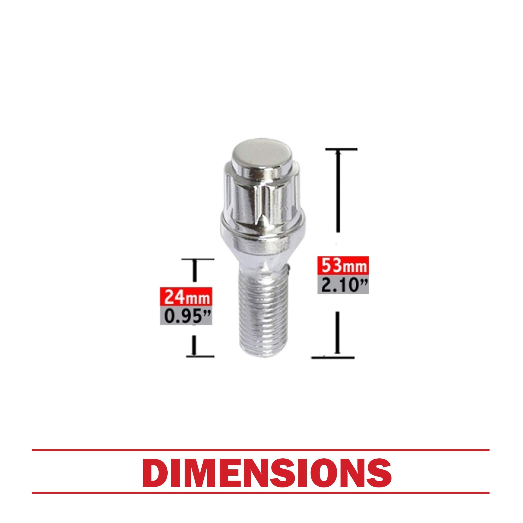 Wheel Accessories Parts Set Of 20 Chrome 12X1.5 Lug Bolts Locking Spline Conical Seat With 24 Mm Shank Length Small Diameter Lug