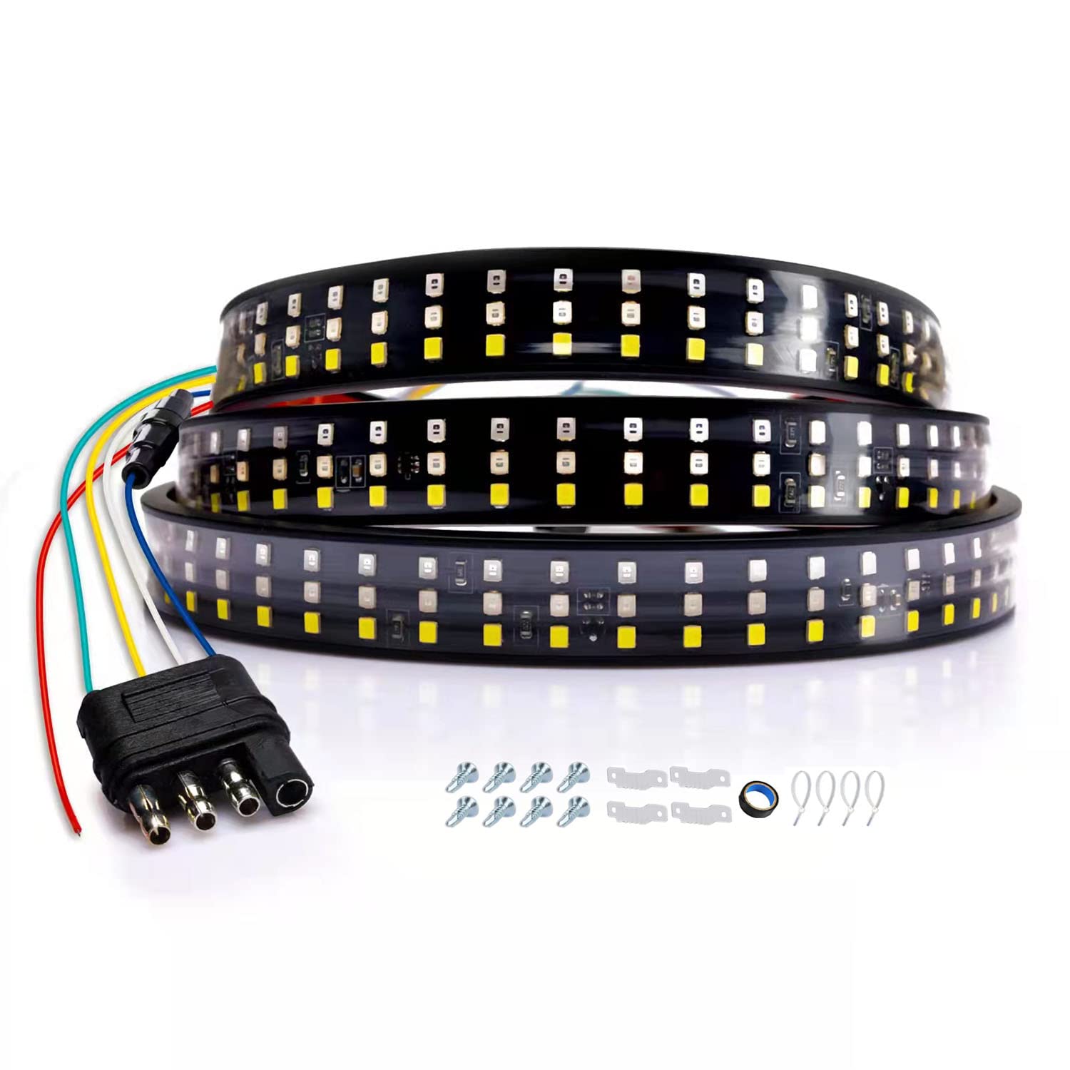 Akarado Led Tailgate Light Bar Triple Row 60'' Truck Tailgate Strip Light 5 Functions Red Brake/Amber Turn Signal/White Revers/D