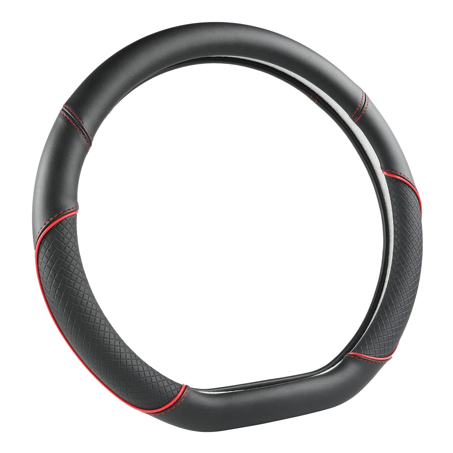 GIANT PANDA D-Shaped Leather Steering Wheel Cover for Nissan Rogue, Kicks, Altima, Sentra - Black with Red Line, Model SWNBD01