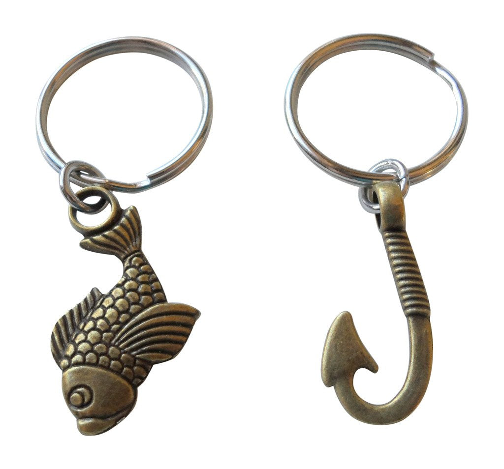 JewelryEveryday Bronze Fish and Hook Keychain - Im Hooked On You; Couples Keychain