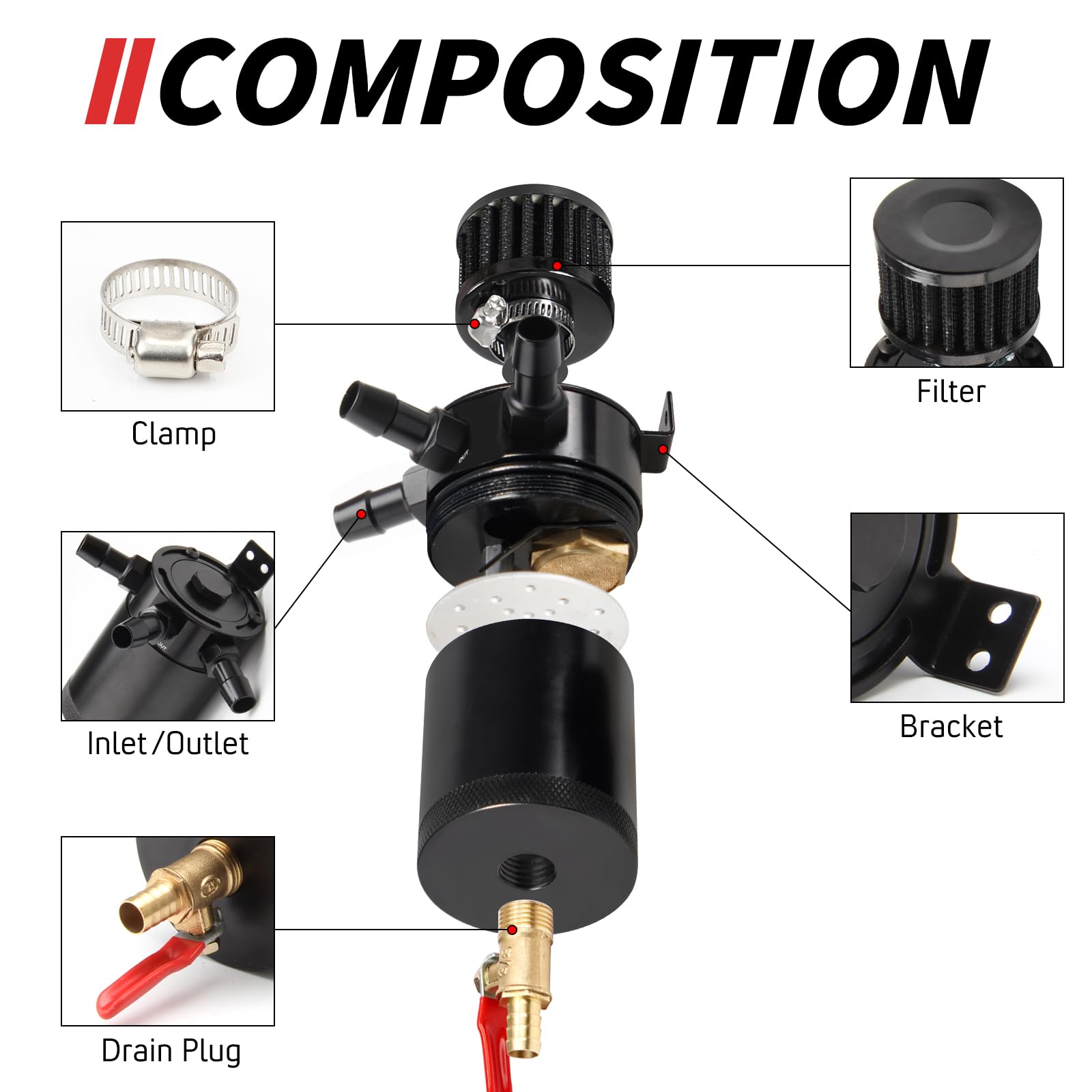 WENJTP 150ml Car Oil Catch Can Kit - Compact 3-Port Oil Separator, Black Aluminum with Breather Filter & Drain Valve, Model M2/OCC002-3-BK