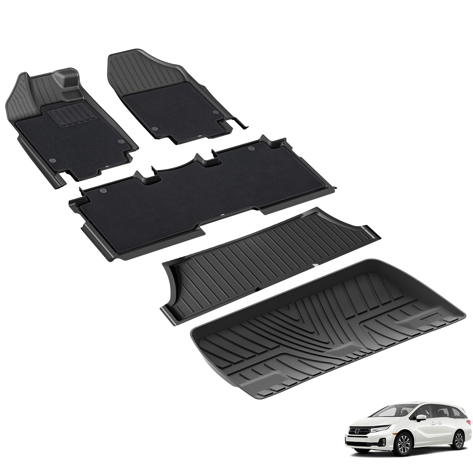 3W Floor Mats(With Carpets) & Cargo Liner Fit For Honda Odyssey 2018-2025, Tpe All Weather Waterproof Custom Fit Automotive Floo
