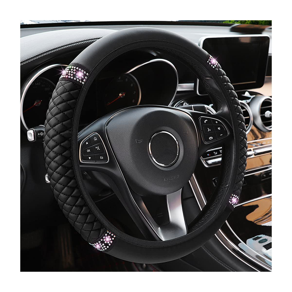 Bling Leather Steering Wheel Cover, Colorful Rhinestones Elastic Steering Wheel Protector, Pu Soft Leather With Crystal Diamond, Sparkling Car Accessories For Most Cars (Black)