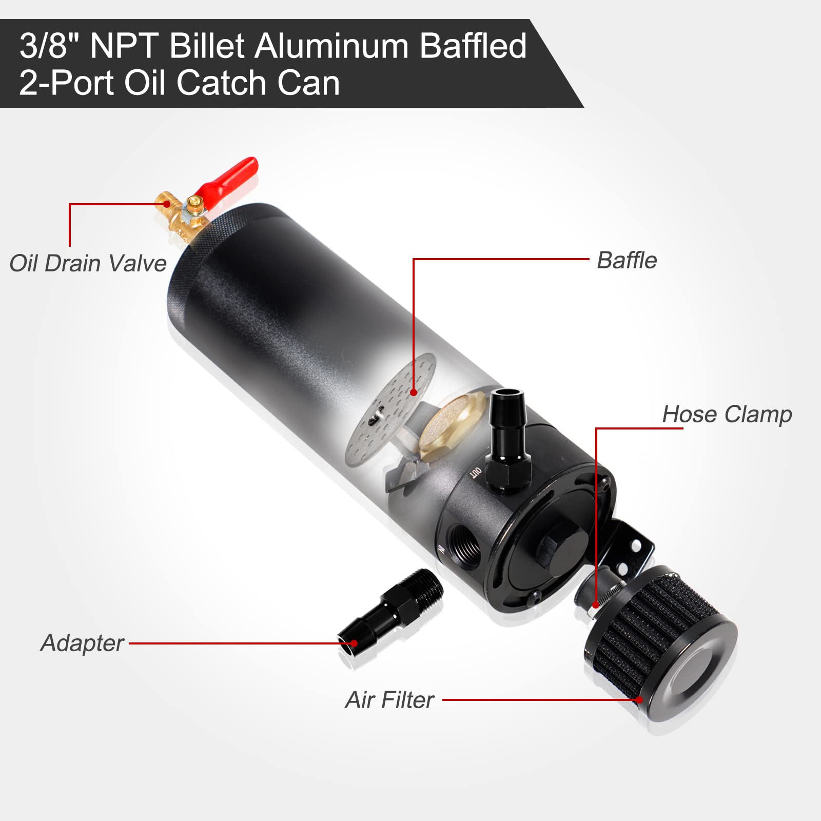 Yeshma Universal 750Ml Billet Aluminum Baffled 2-Port Oil Catch Can Reservoir Tank With Breather Filter With Drain Valve