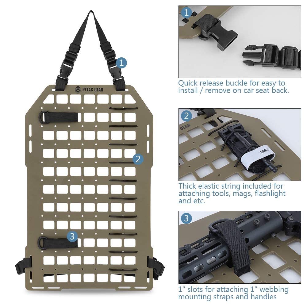 PETAC GEAR Tactical Car Seat Back Organizer | Rigid Molle Panels | Dark Earth | Model TA-P30828-BK