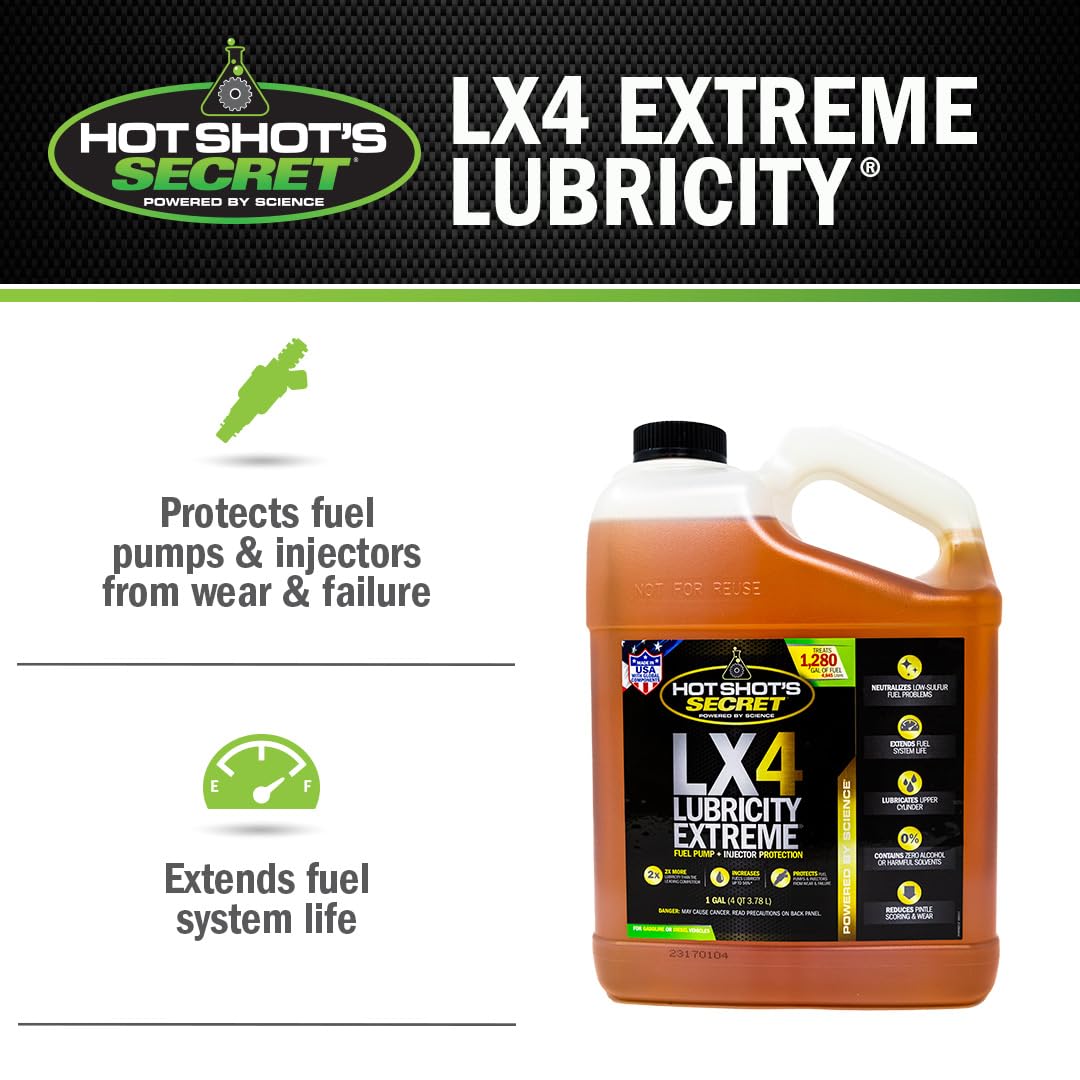 Hot Shot's Secret LX4 Lubricity Extreme Fuel Treatment, 1 Gallon, Silicone for Gas & Diesel Engines, Extends Fuel System Life
