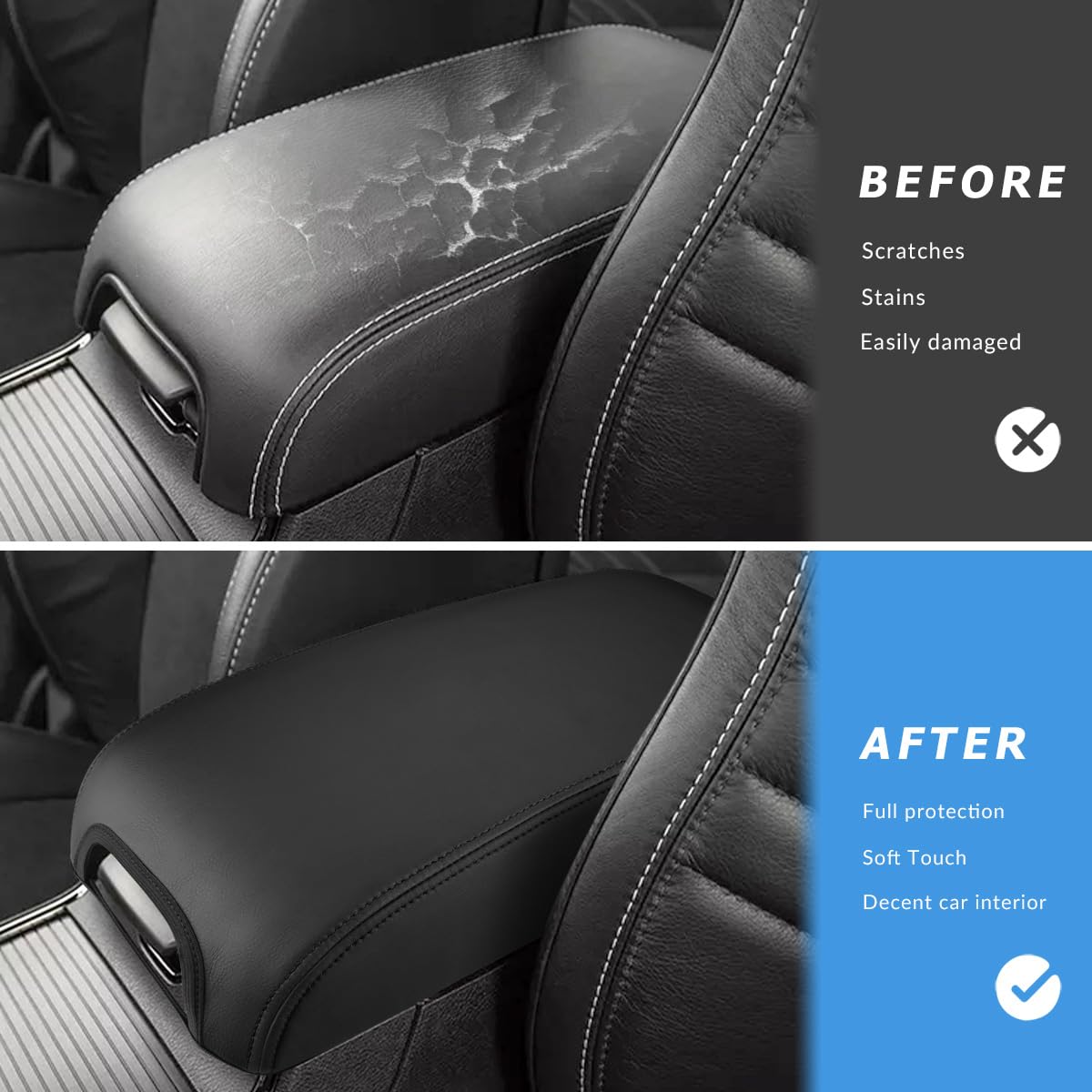INTGET Armrest Cover for Dodge Charger & Chrysler 300 (2011-2023) - Leather Console Lid Protector, Black Stitches, Without Pattern