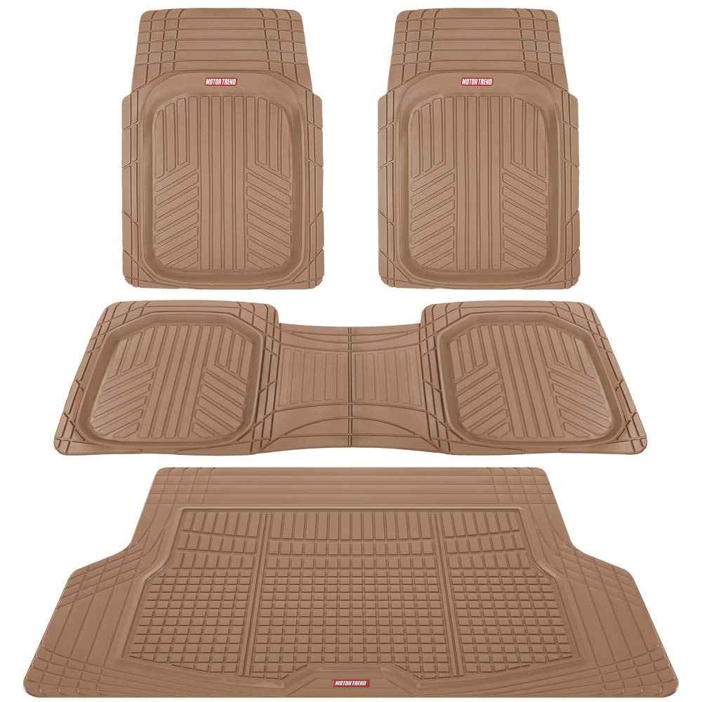 Motor Trend FlexTough Beige Floor Mats for Cars & Cargo Mat Full Set - All Weather Front & Rear Rubber Automotive Floor Mats & C