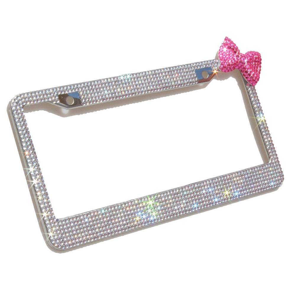 Carfond Pure Handmade 1000Pcs 8 Facets Waterproof Bling Bling Rhinestones Stainless Steel License Plate Frame Bonus Matching Scr