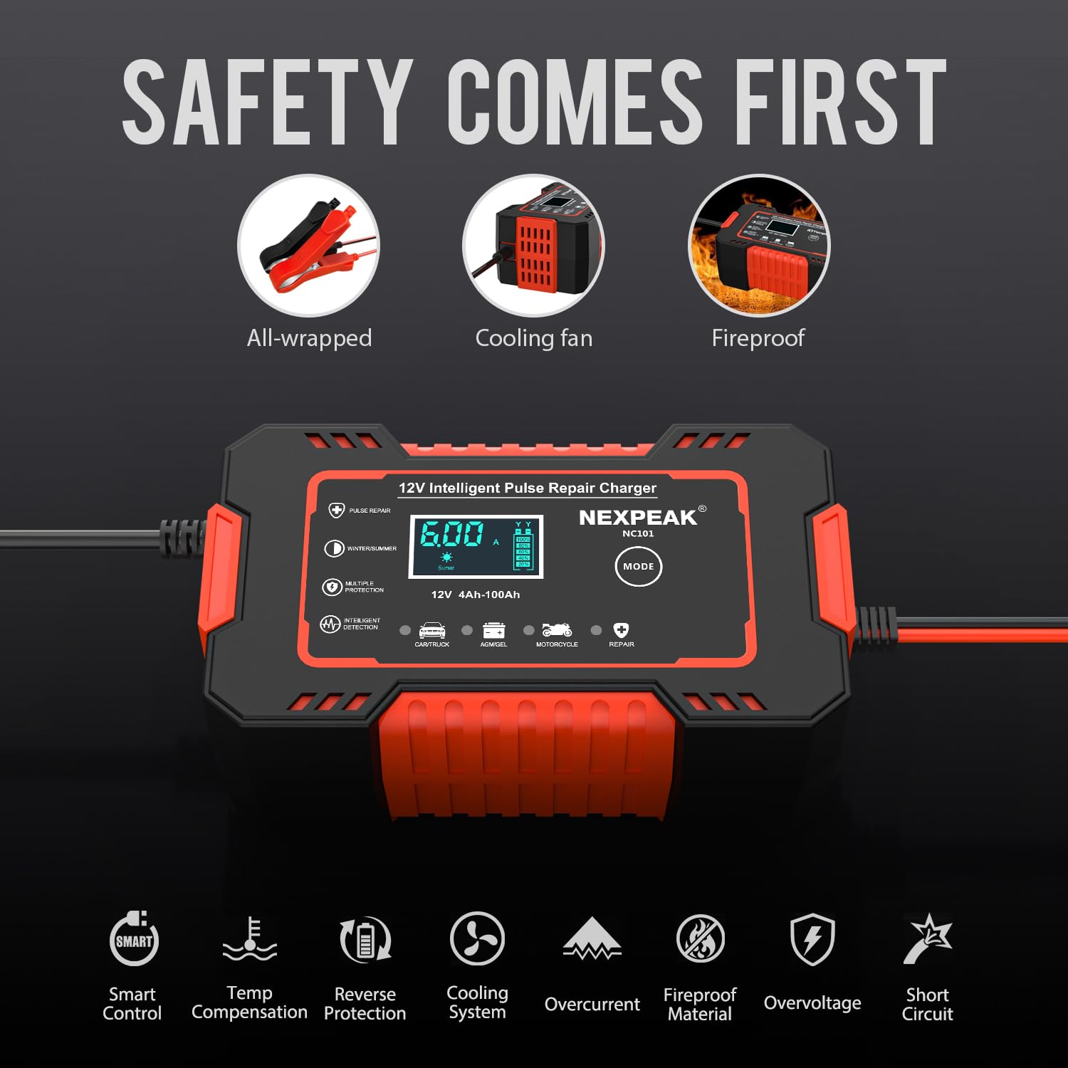 NEXPEAK NC101 Smart 12V 6A Car Battery Charger & Maintainer with Temp Compensation for Automotive & Marine Lead Acid Batteries