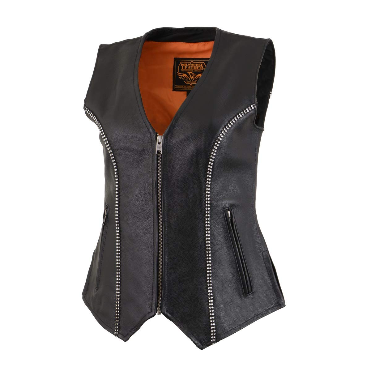 Milwaukee Leather MLL4502 Women's Black Leather Classic V-Neck Motorcycle Rider Vest with Rhinestone Bling Detail - 3X-Large