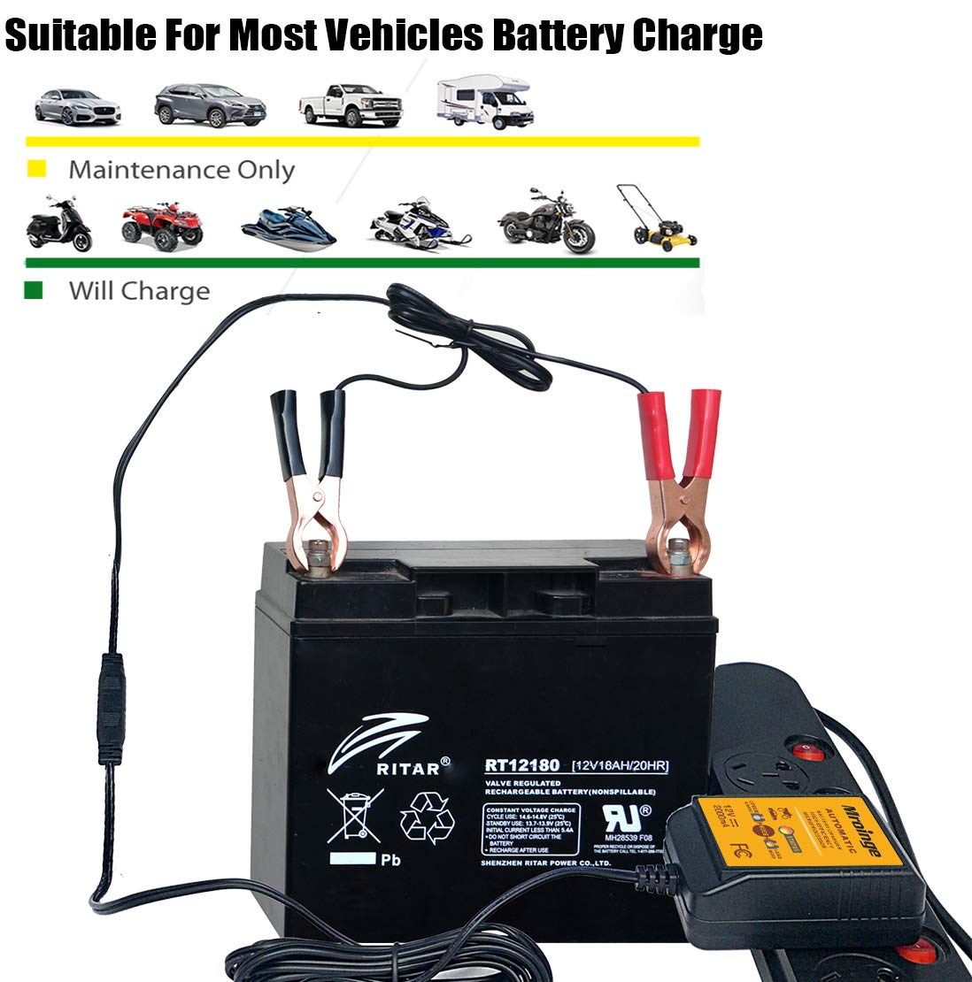 Mroinge 12V 2A Smart Battery Charger for Lead Acid & Lithium Batteries - Black