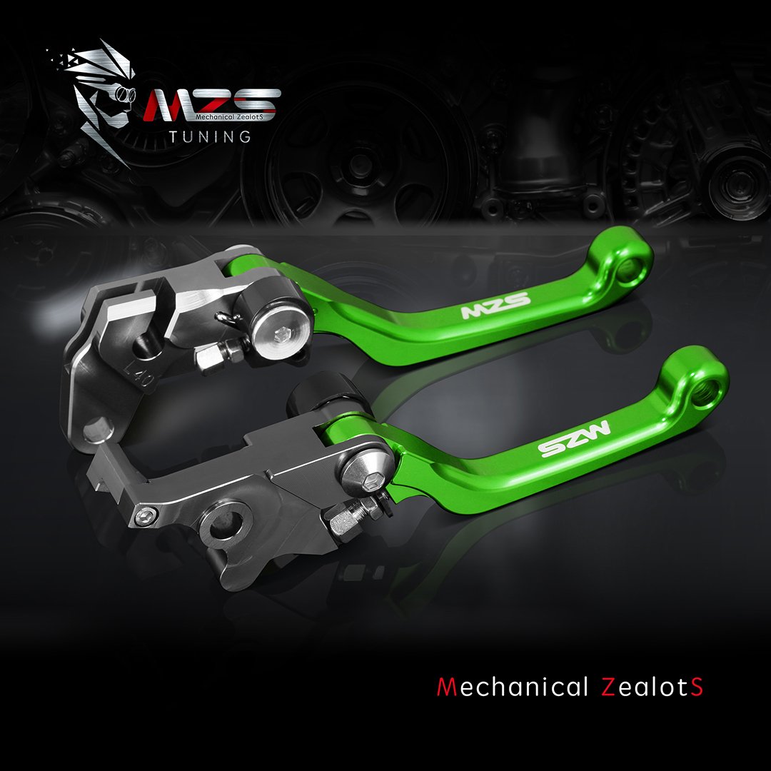 MZS Green Adjustable CNC Brake Clutch Levers for KX65/KX85/KX100/KX125/KX250 - Aluminum, Model PT-216317, Compatible 2000-202