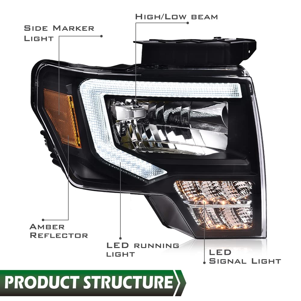 GRAND ORANGE LED Headlight Assembly for Ford F150 2009-2014, Clear Lens, Black Housing, Amber Reflector, Driver & Passenger Side