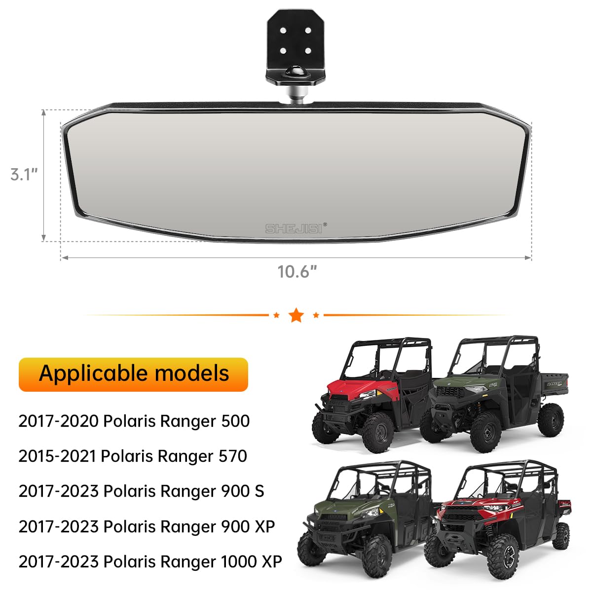 Ranger Rear View Mirror,SHEJISI 2023 New UTV Mirrors,Compatible with 2017-2023 Polaris Ranger 500 570 900 XP 1000 XP/Crew/EPS,Mu