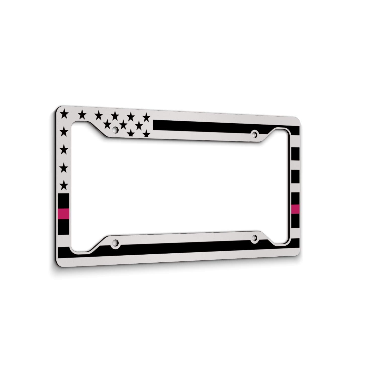 American Flag License Plate Frame - Thin Pink Line- Car Tag Frame -Pink On White Breast Cancer Awareness