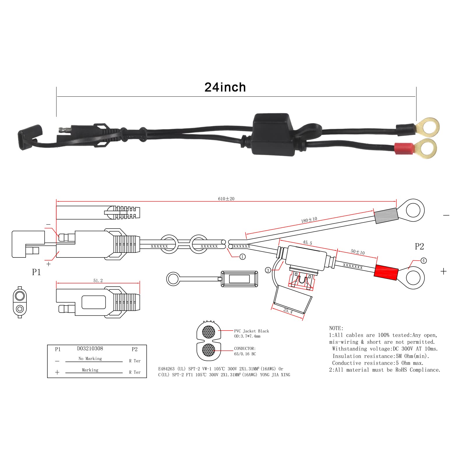 [ 1 PACK] Sae to O Ring Terminal Harness 2FT - Sae Eyelet Ring Terminal Cable 16awg Motorcycle Battery Trickle Charger Extension