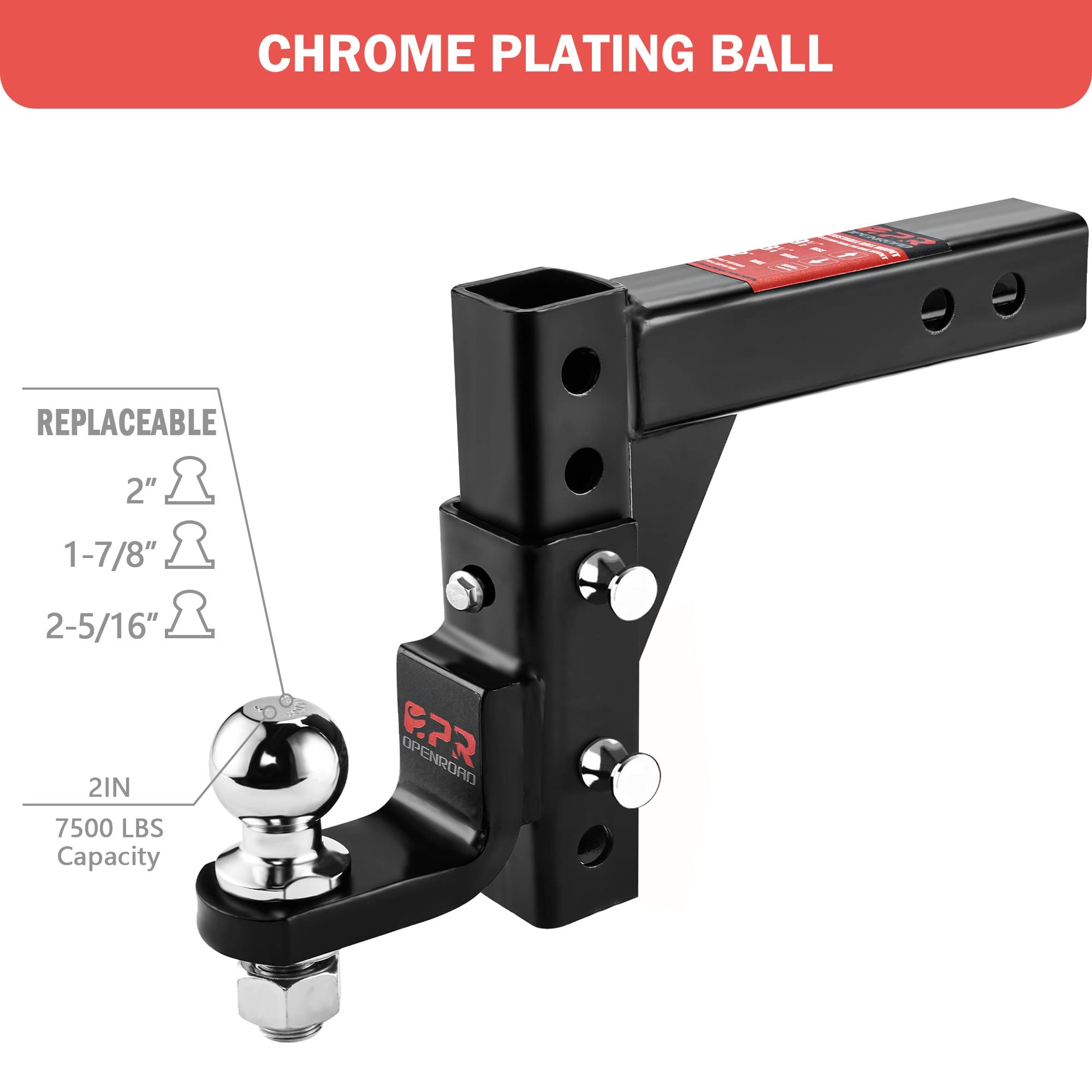Openroad Adjustable Trailer Hitch Ball Mount - Fits 2-Inch Receiver, 2'' Tow Balls, 7500Lbs, 9-1/2'' Drop/ 8-1/4'' Rise, Heavy D