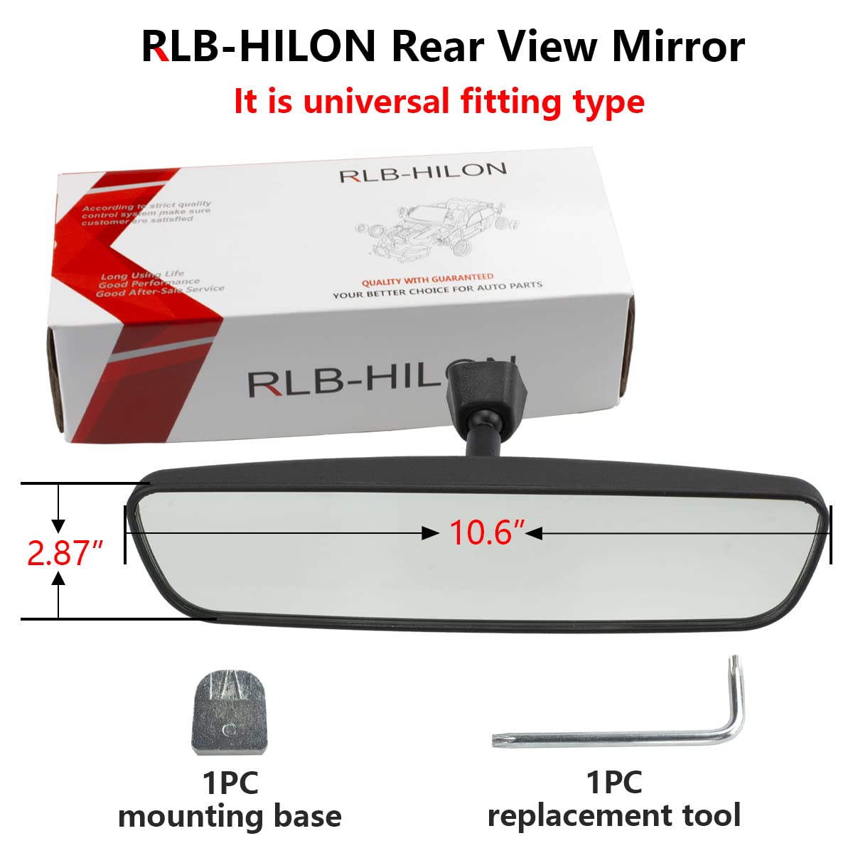 RLB-HILON 10.6" Rear View Mirror, Black Glass, Universal Fit for Jeep Wrangler, Kia, Nissan, Toyota, Ford, Honda