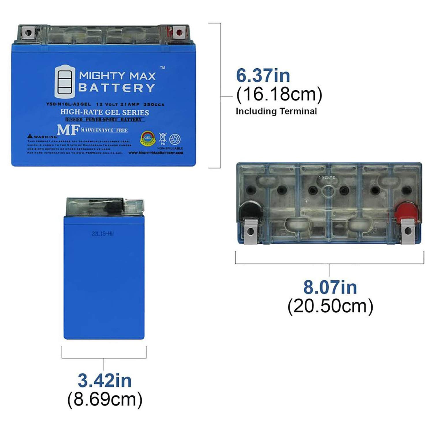 Mighty Max Battery Y50-N18L-A3 Gel -12 Volt 21 Ah, Gel Type, 350 Cca, Rechargeable Maintenance Free Sla Agm Motorcycle Battery