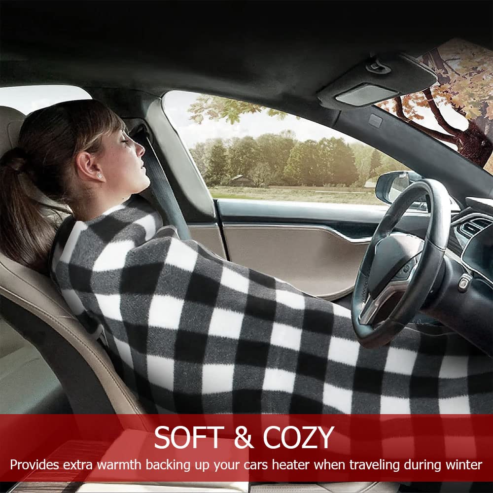 Amazingforless Plaid 12V Heated Fleece Car Blanket With Controller For Timer & Heat Levels Plaid Electric Car Blanket (Green Plaid)