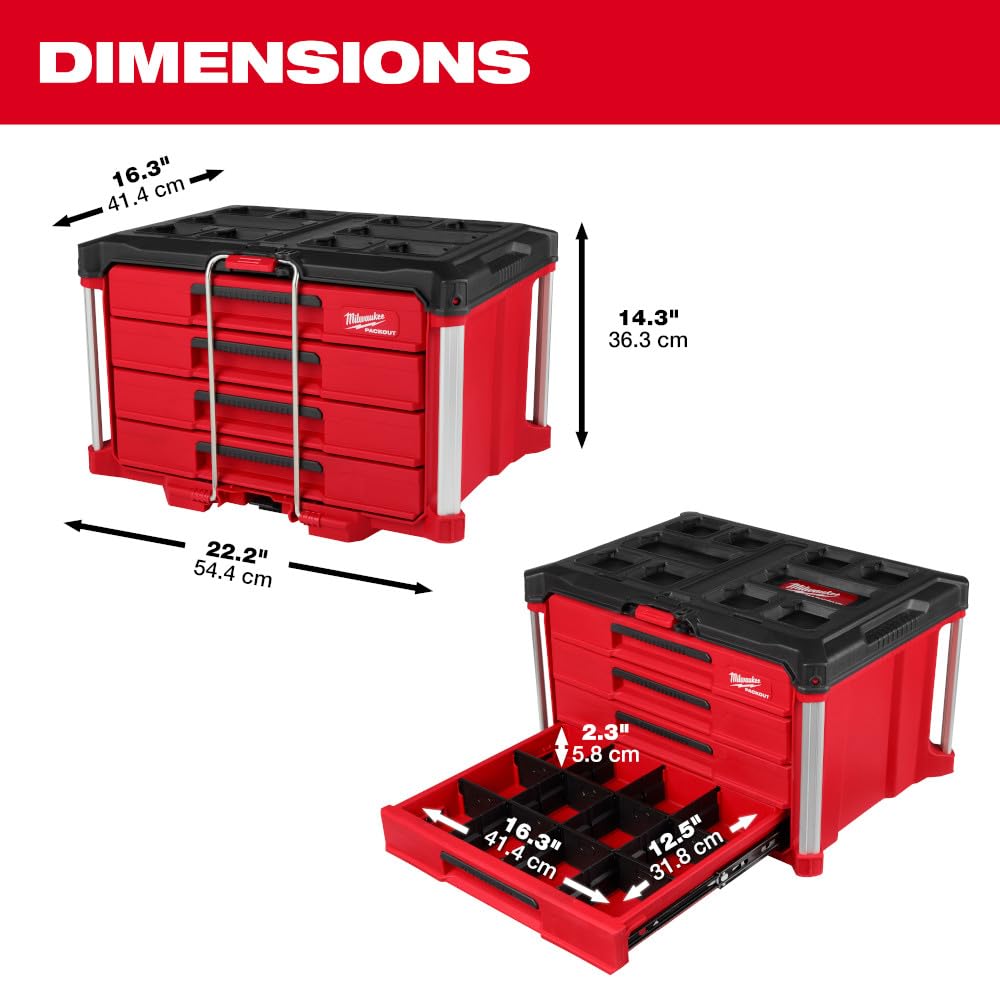 Milwaukee Packout 4 Drawer Tool Organizer Box - Plastic, Red, Model 48-22-8444
