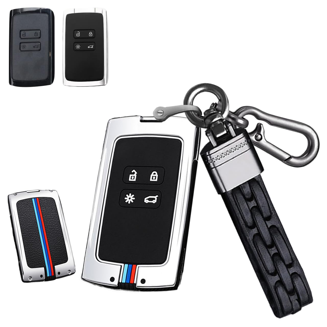 Sanrily Silicone+Zinc Alloy Luminous Key Fob Cover Case Fit For Renault Koleos Kadjar Scenic Megane Twingo Duster Iconic 2024 Keyless Key Holder With Keychain Silver