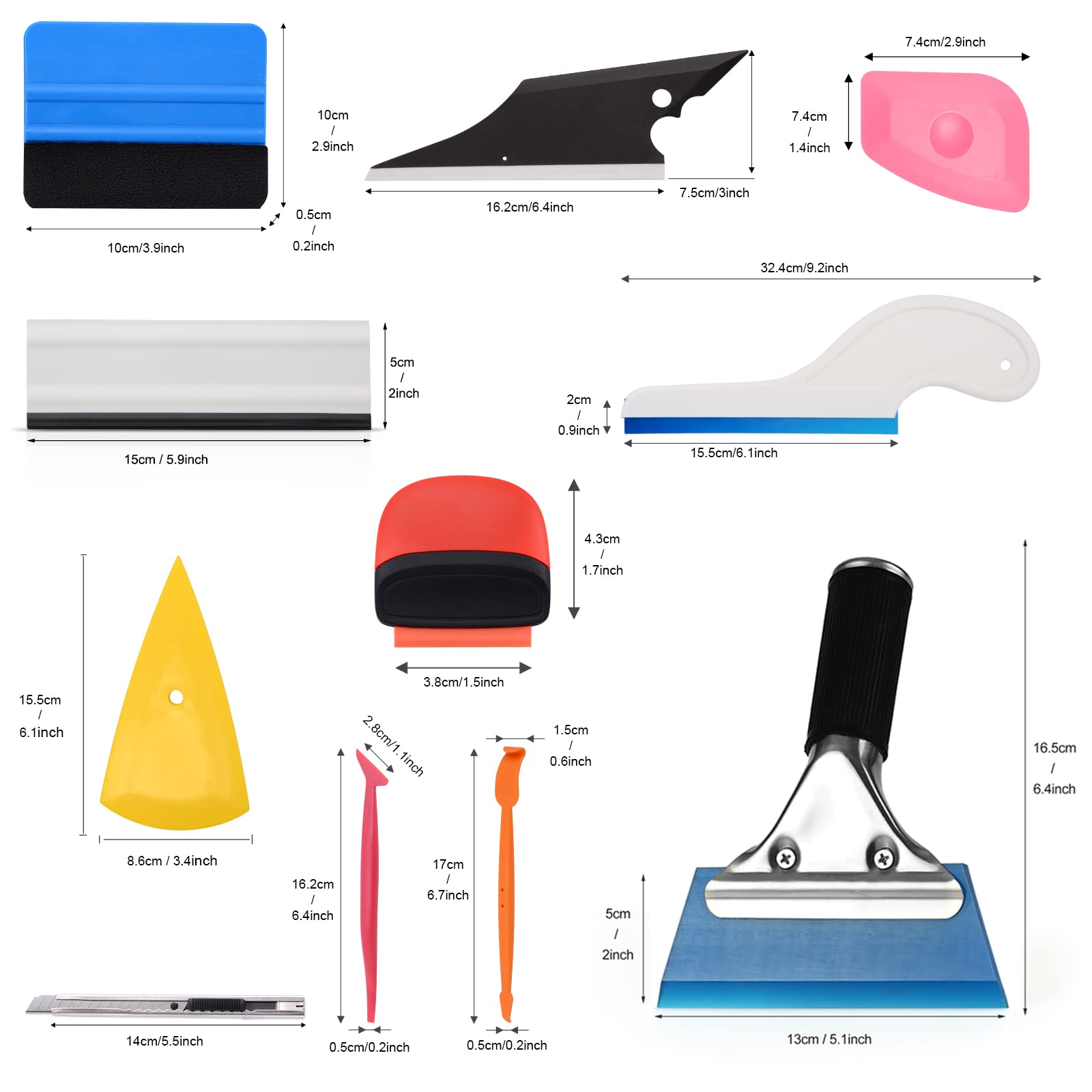 EHDIS Window Tint Tool Kit - 12 Tools, Vinyl Squeegee, Utility Knife, Mix Color, Model 13 for Car Wrapping & Wallpaper Installation