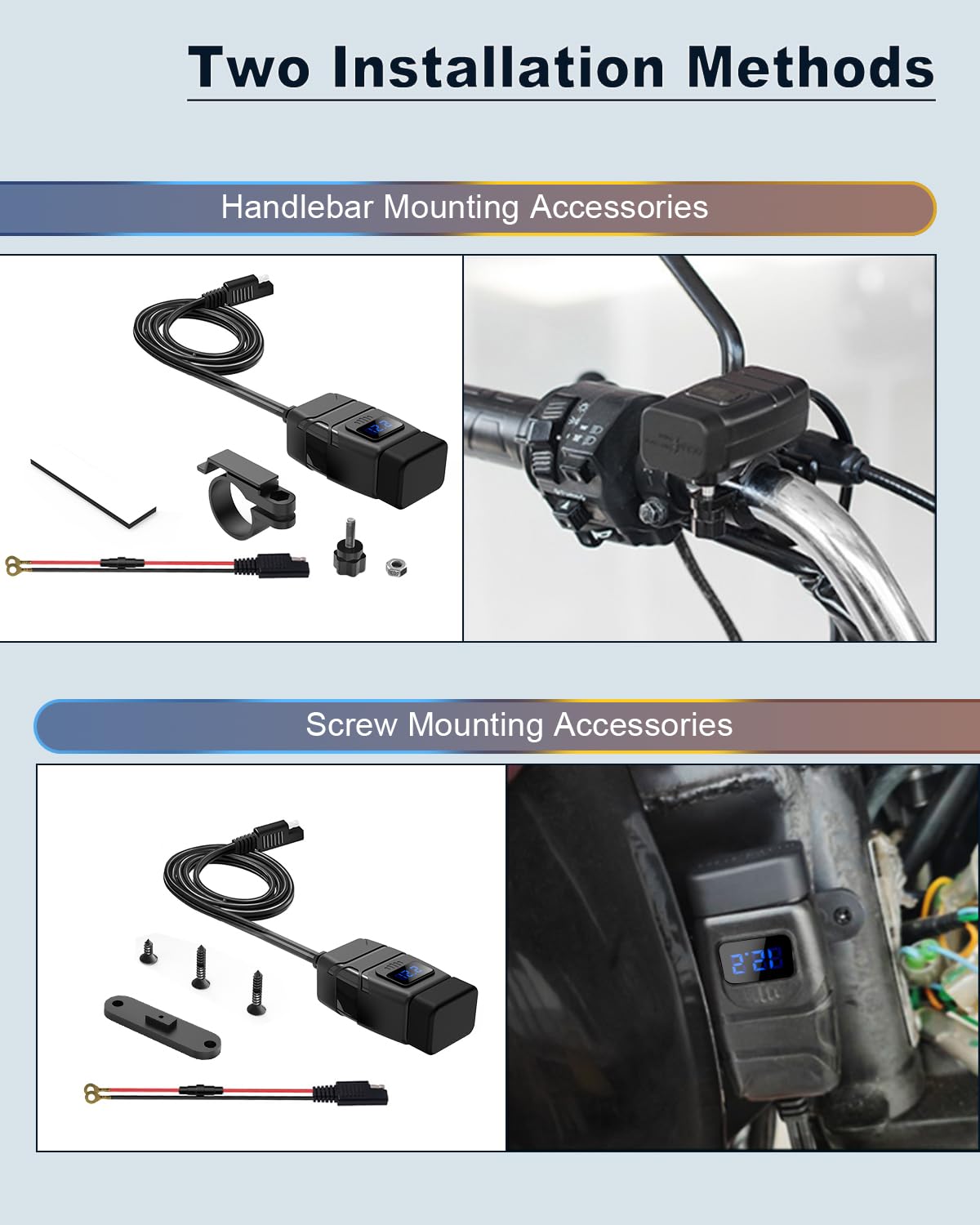 EXTRACTME Motorcycle USB Charger, 6.8A Quick Charge 3.0, Waterproof SAE to USB Adapter, Blue, Model MTCUC2A02