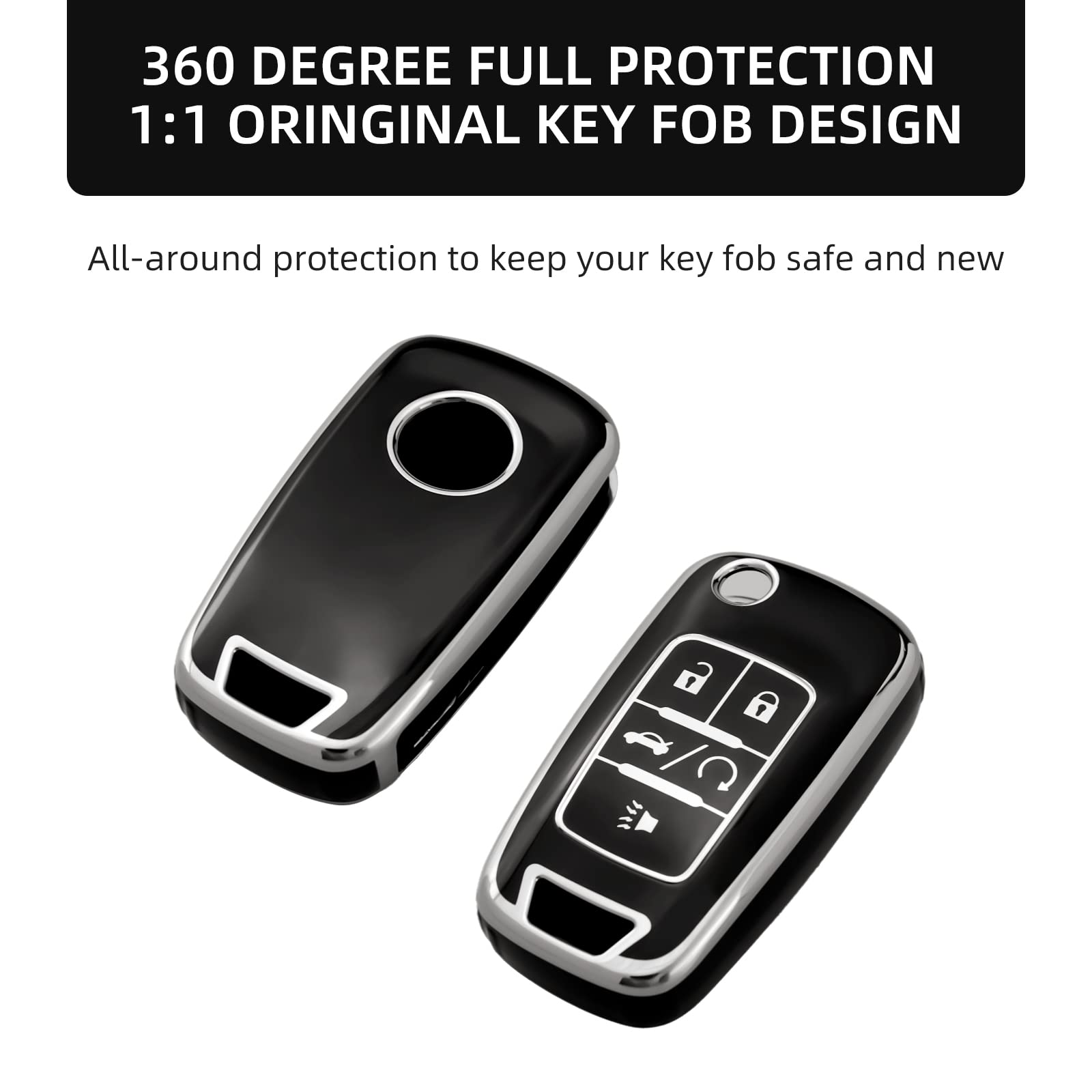 Offcurve For Chevy Key Fob Cover, Full Tpu Protective Key Case Fit For Chevrolet Chevy Gmc Buick Encore Terrain Malibu Camaro Cruze Impala Equinox Volt Spark Sonic Car Smart Key Accessories, Black