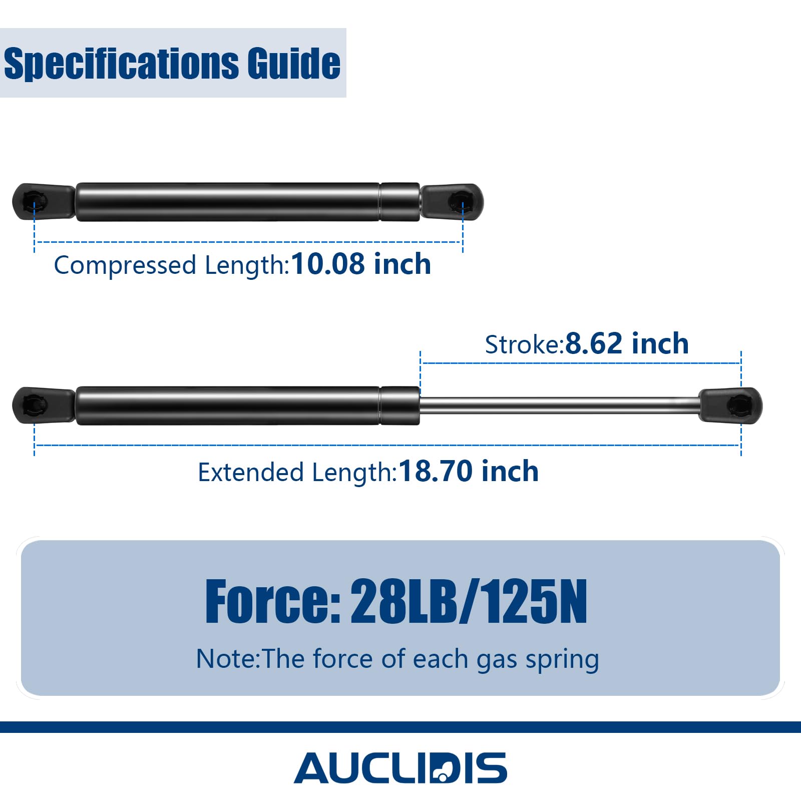 AUCLIDIS Gas Strut Shock Lift Support Spring, 18 inch, 28lb/125N, Black, Model C1621220, Set of 2 for Truck Topper & Camper