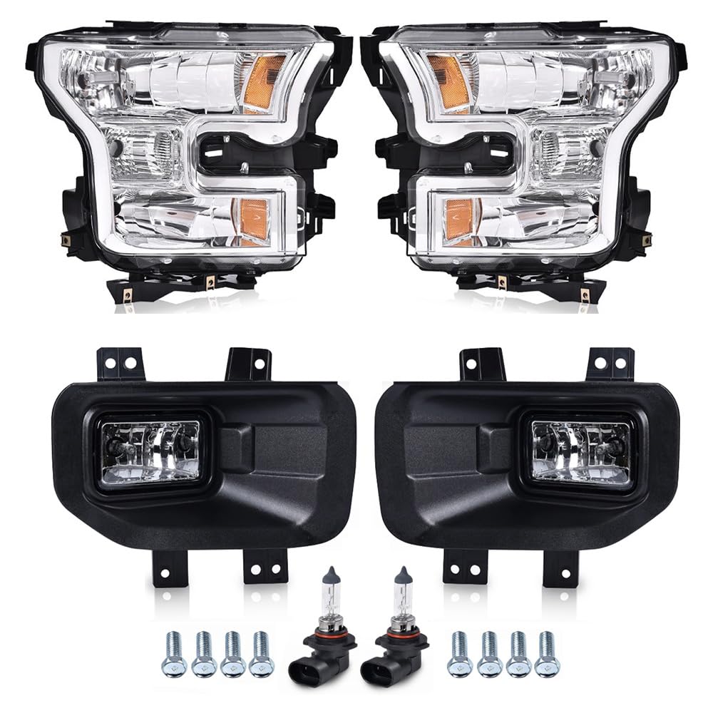 GRAND ORANGE Headlights + Clear Fog Lights Assembly Compatible with Ford F150 2015 2016 2017 4PCS Clear Lens Chrome Housing Ambe