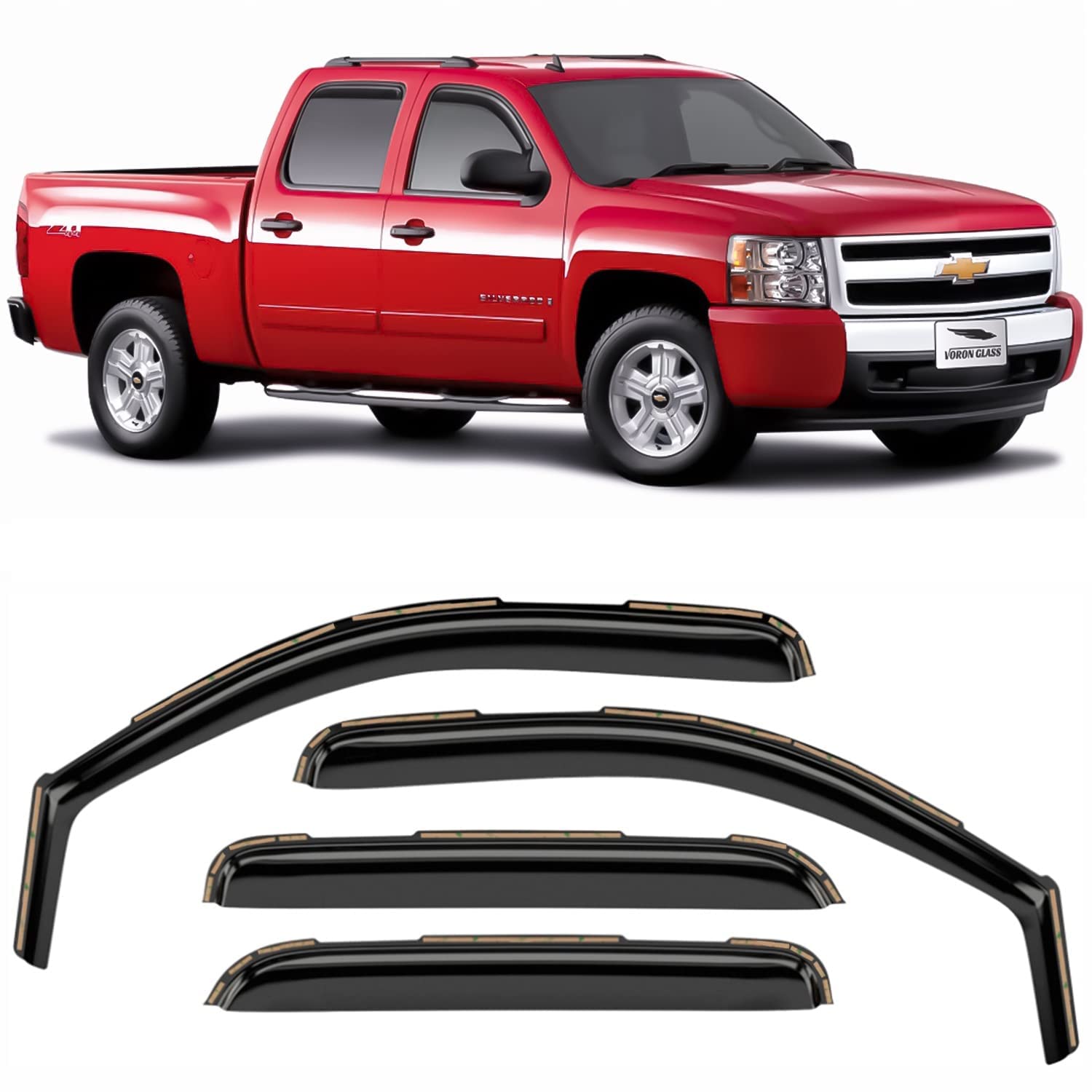 Voron Glass In-Channel Extra Durable Rain Guards For Trucks Chevrolet (Chevy) Silverado/Gmc Sierra 2007-2013 Crew Cab, Window De