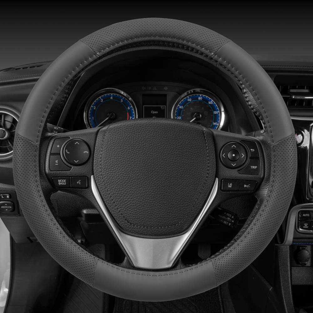 Motor Trend Gray Soft Touch Steering Wheel Cover - Perforated Microfiber Leather With Classic Stitching For Sizes 14.5 To 15 Inc