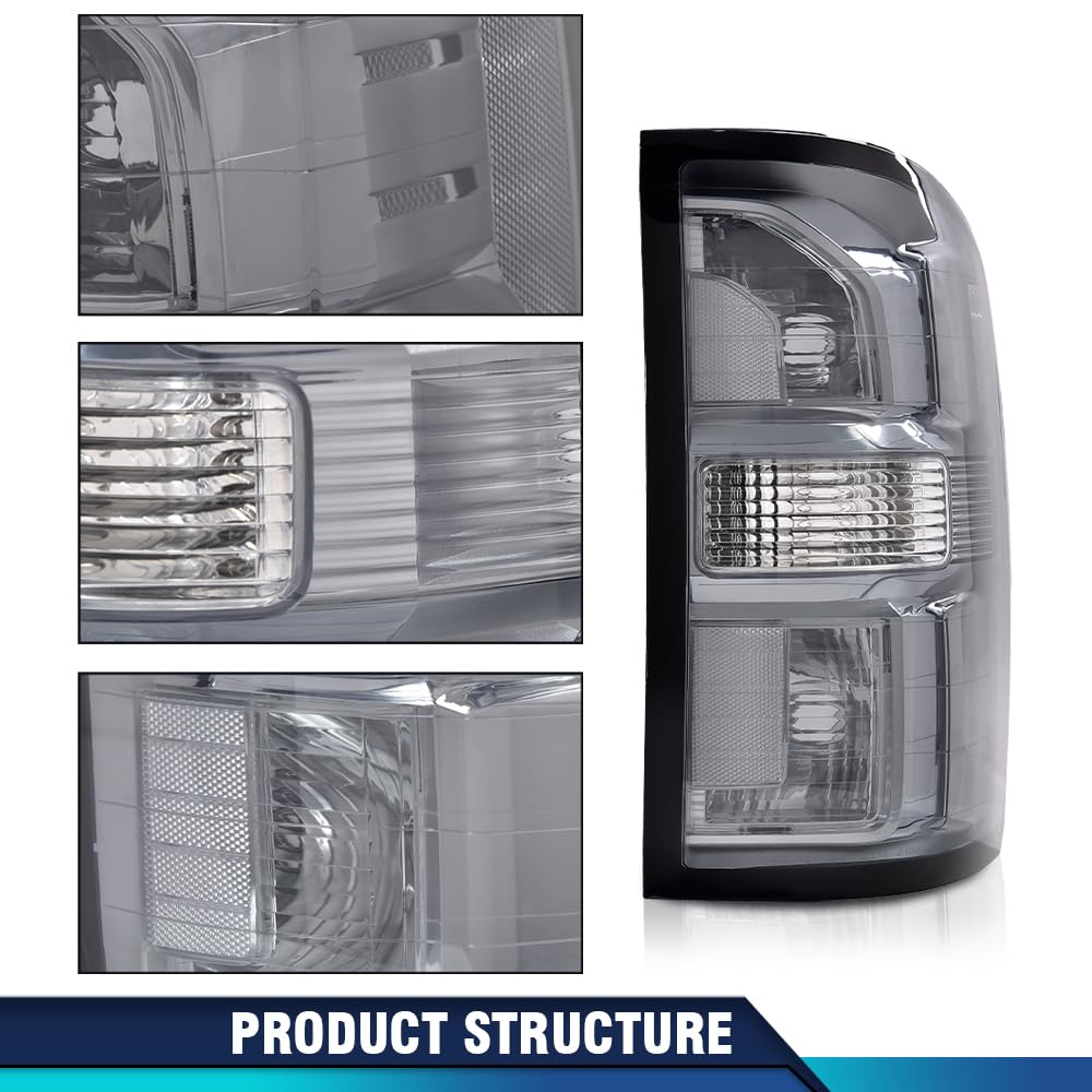 PIT66 Smoke Lens Tail Lights for GMC Sierra 1500/2500/3500 HD 2014-2019, PMMA & ABS, Left & Right Rear Lamp Assembly