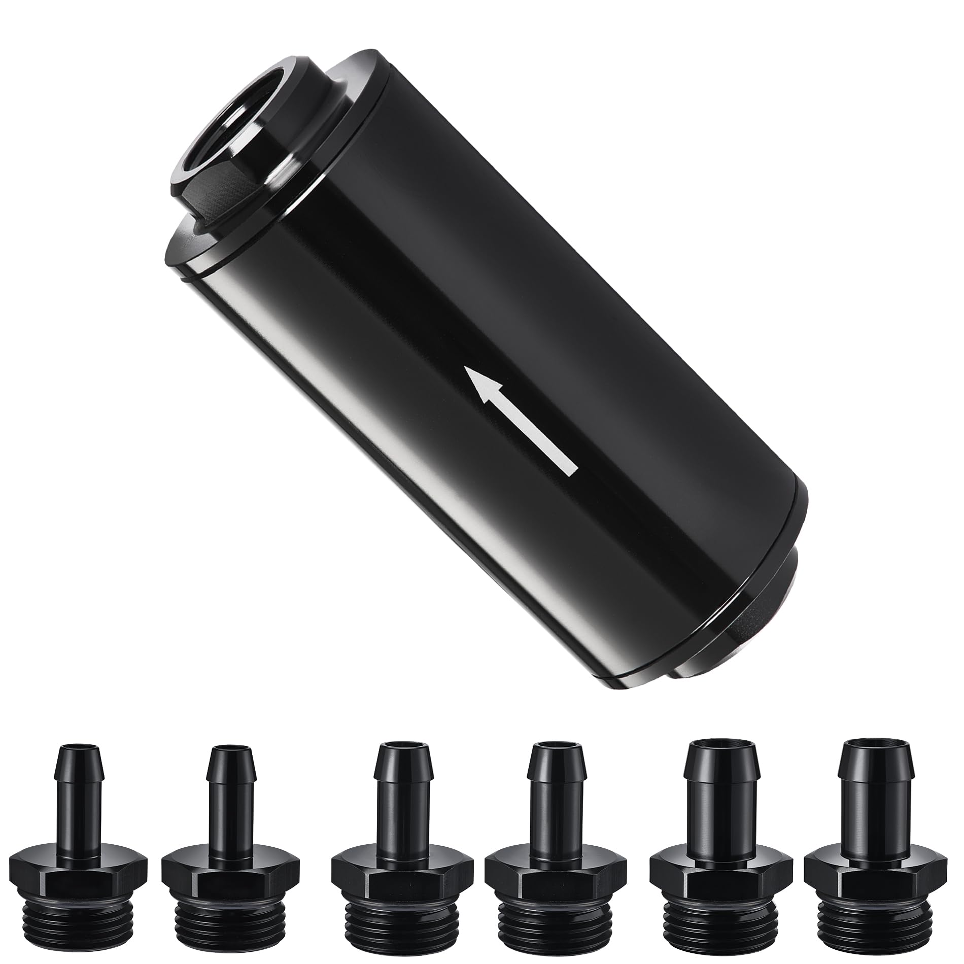 EVIL ENERGY Inline Fuel Filter 40 Micron with Barb 1/2, 3/8, 5/16 Fitting Adapter 60MM Universal Aluminum Black, for Gasoline, D