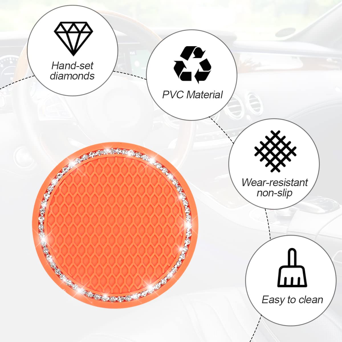 2 Pack Car Bling Cup Holder Coaster, 2.75 Inch Crystal Rhinestone Car Cup Holder Insert Coaster,Universal For Cars, Vehicles, Suvs, Car Interior Accessories For Women And Men (Orange)
