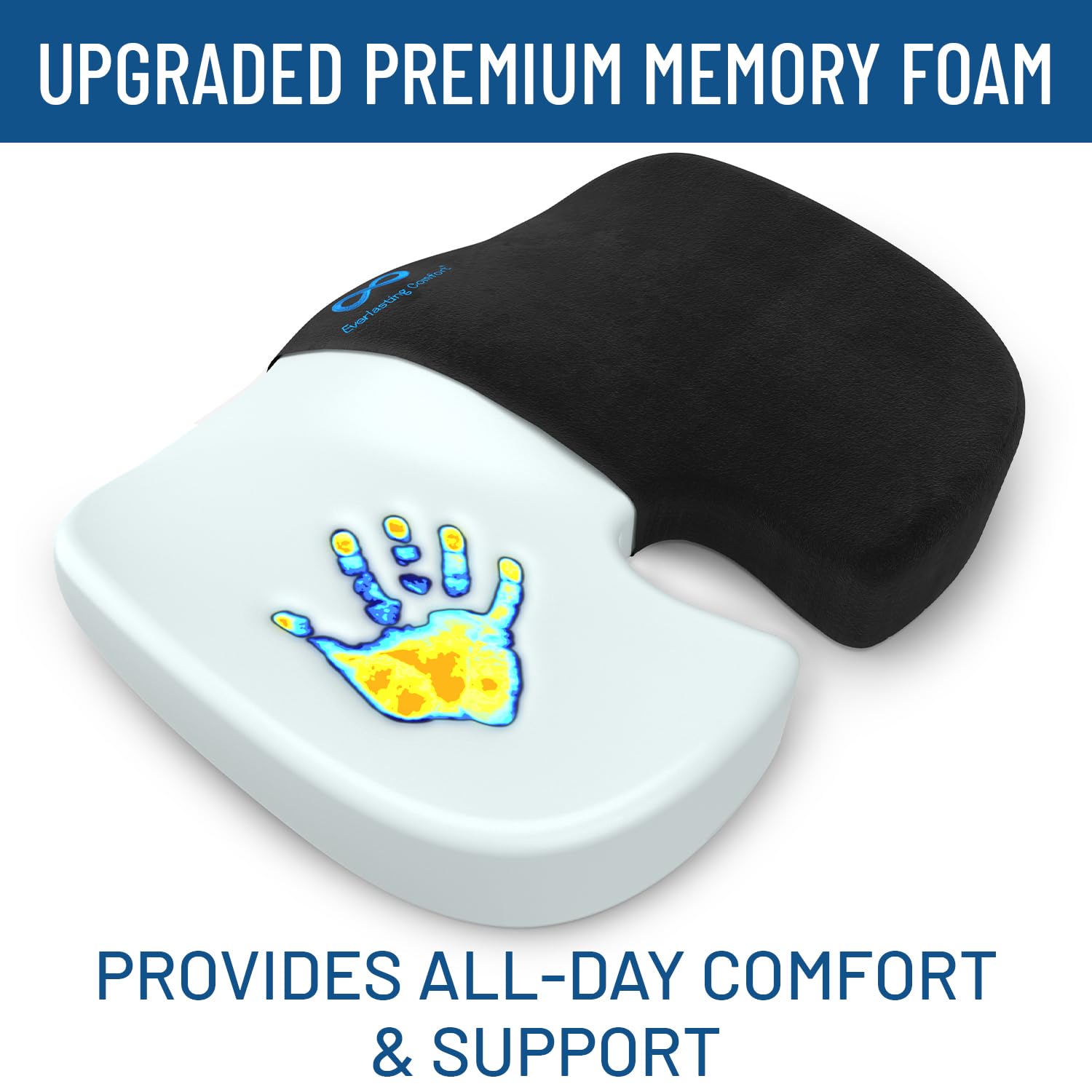Everlasting Comfort Memory Foam Seat Cushion - Large, Black Upgraded, Ergonomic Design for Tailbone Pain Relief & Sciatica