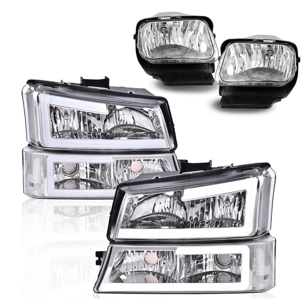 PIT66 Front Left & Right LED Headlight Assembly + Fog Lights Fit Chevy Silverado 1500 2500 3500 HD 2003-2006 Fit Avalanche 2003-