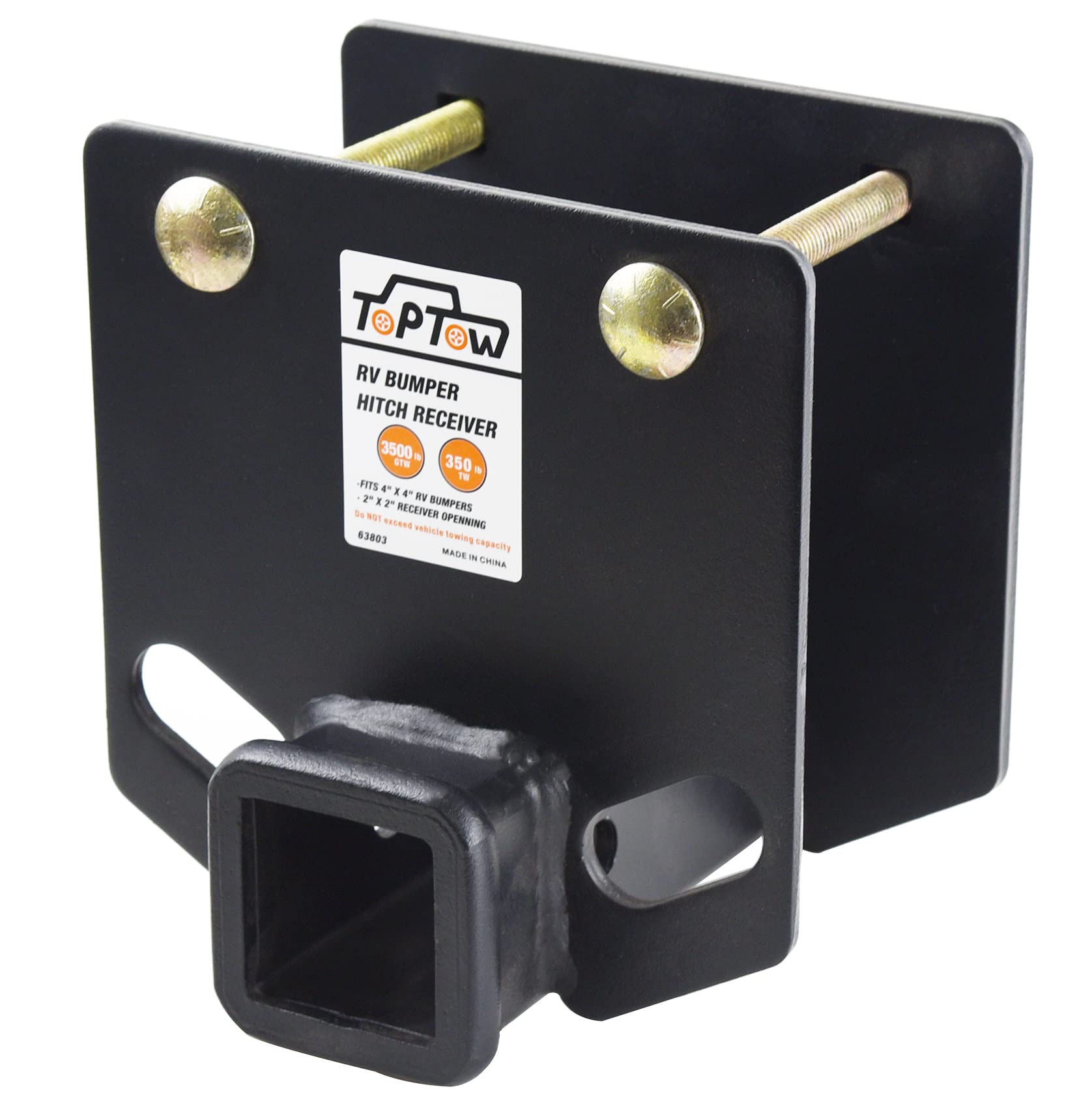 TOPTOW RV Bumper Hitch Receiver 2" Adapter, 3500 LBS Capacity, Fits 4" Square Bumpers, Alloy Steel, Black, Model TTRV801