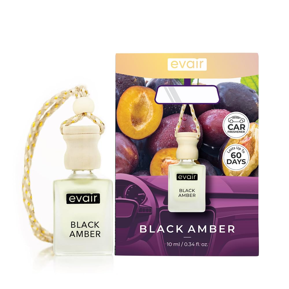 Evair Car Air Freshener with Essential Oils Fragrance in Glass Bottle with Wooden Diffuser Lid | 10 ml - Pack of 1 (Black Amber)