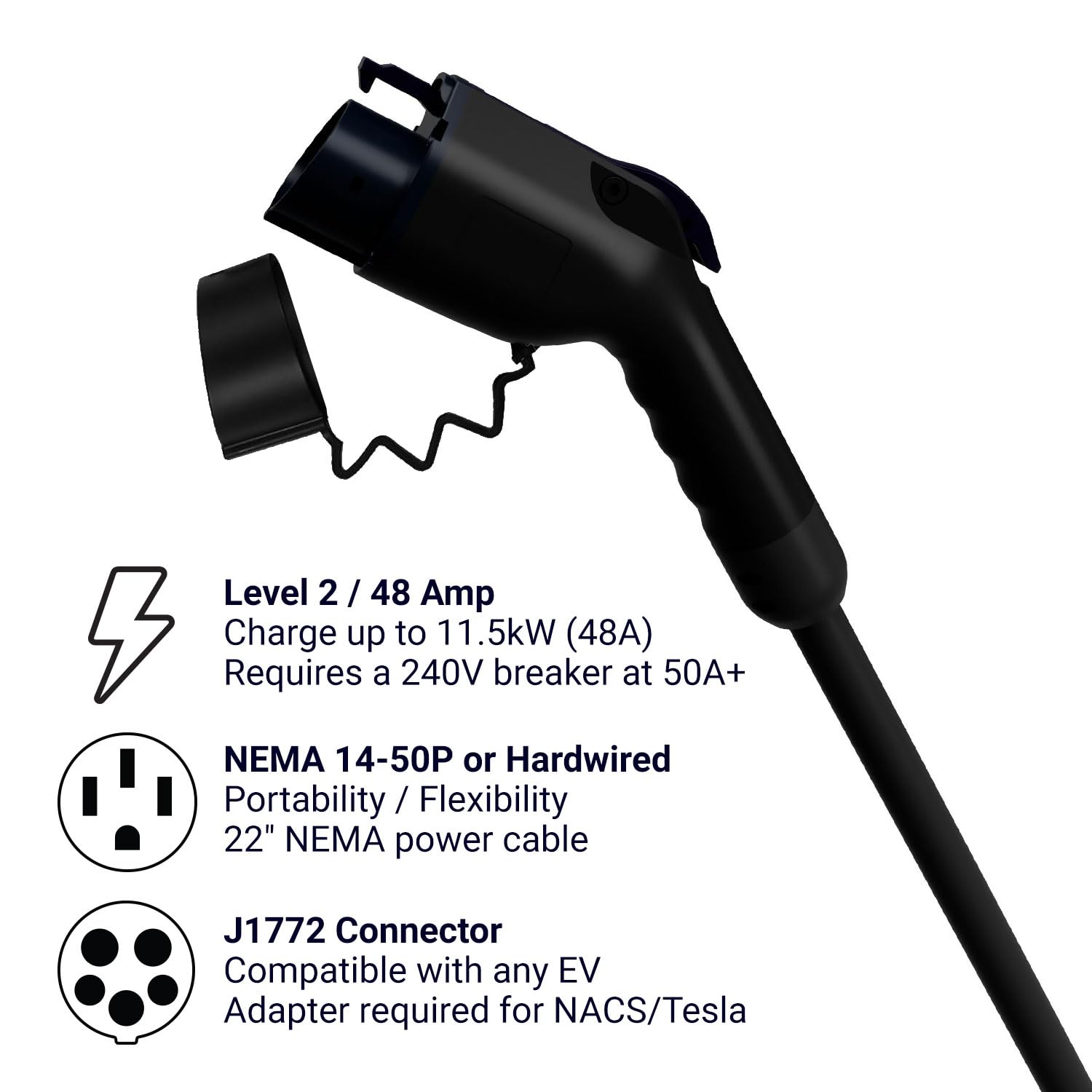 EMPORIA Level 2 EV Charger, 48 Amp, NEMA 14-50, J1772, 240V, WiFi Enabled, 24ft Cable, Black, Model EV001