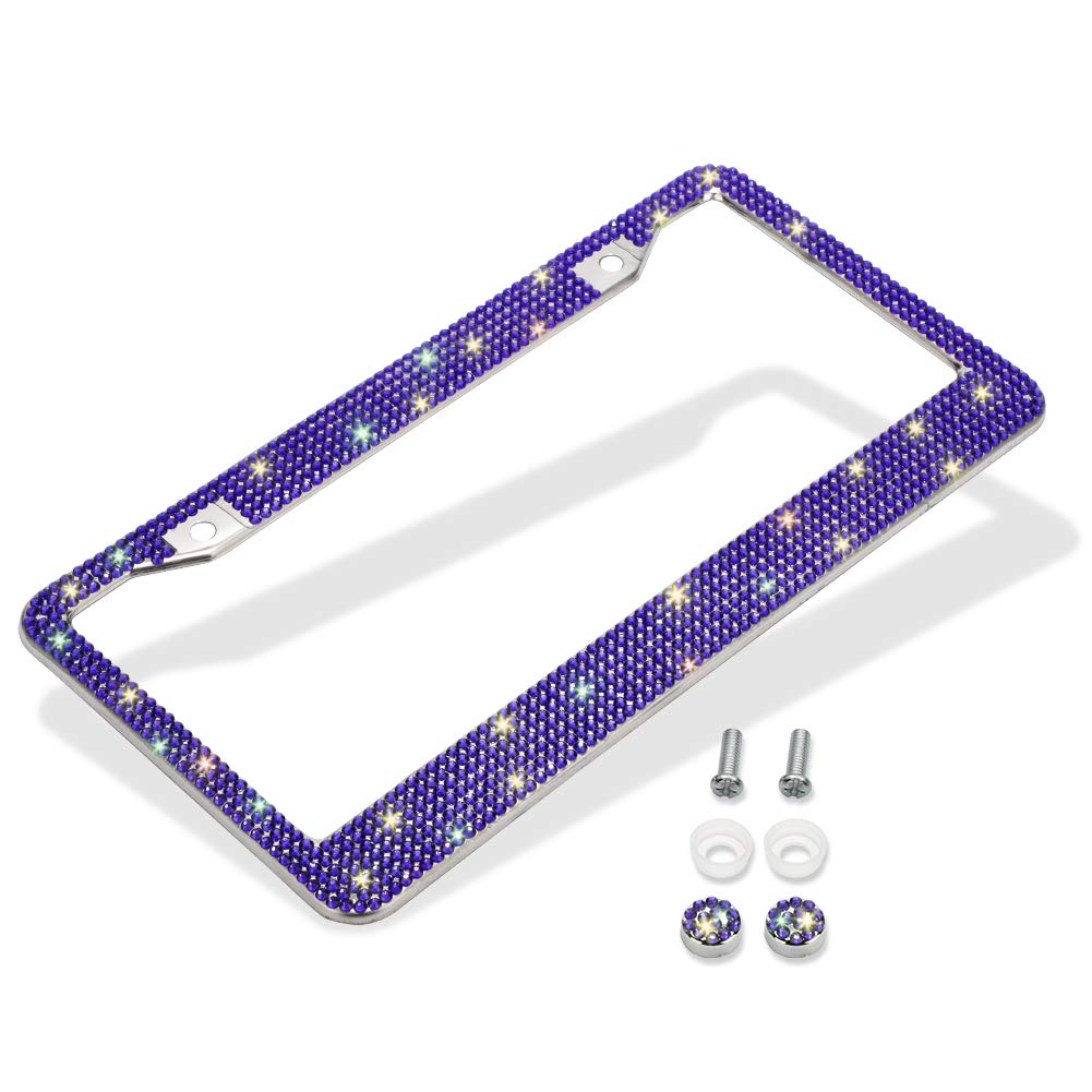 Otostar 7 Row Pure Handmade Waterproof Bling Bling Rhinestones Stainless Steel Metal License Plate Frame 2 Holes With Matching S
